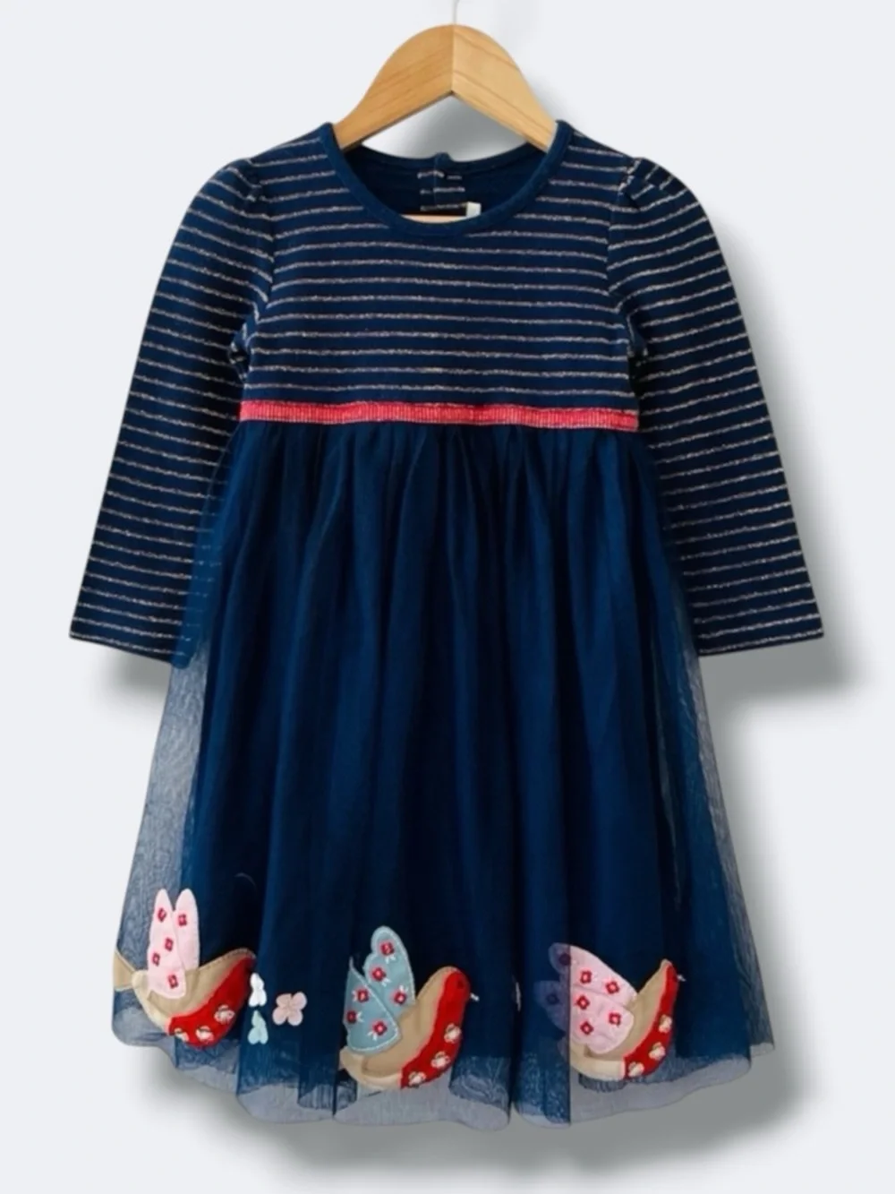 JoJo Maman Bebe Dress Girls 2-3 Navy Blue Tulle Bird Floral Appliqué Striped